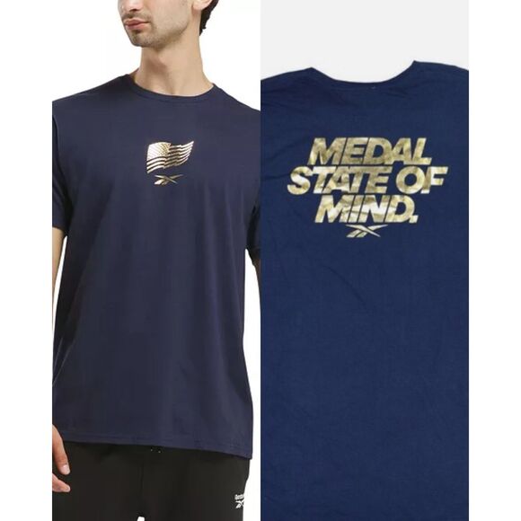 34. Reebok NWT Medal State of Mind Graphic T- Shirt Navy - Picture 1 of 3